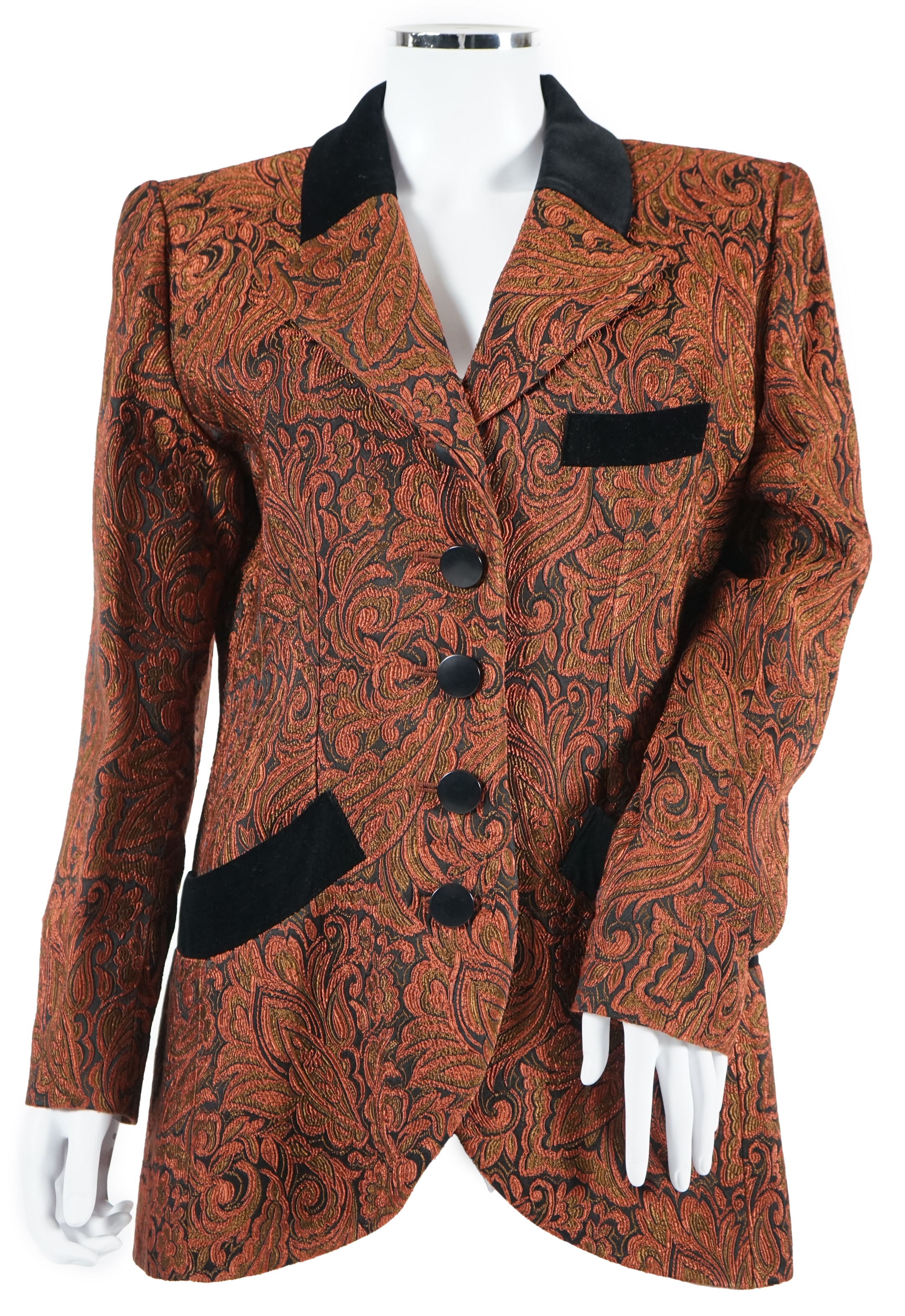 A vintage Yves Saint Laurent variation lady's paisley jacket with black velvet collar, buttons and pocket detail, F 42 (UK 14). Proceeds to Happy Paws Puppy Rescue